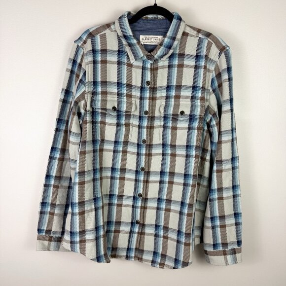 Outerknown Blanket Shirt M Blue Brown Plaid Organic Cotton Button Front Flannel - Picture 1 of 9